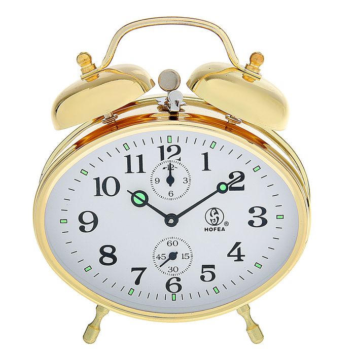 Будильник механический овал, золото, белый циферблат, 2 звоночка 12,5*14см