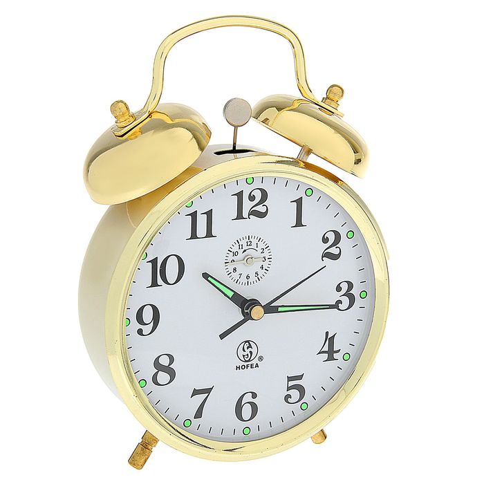Будильник механический d=10,5см, золото, белый циферблат, 2 звоночка, стрелки светятся