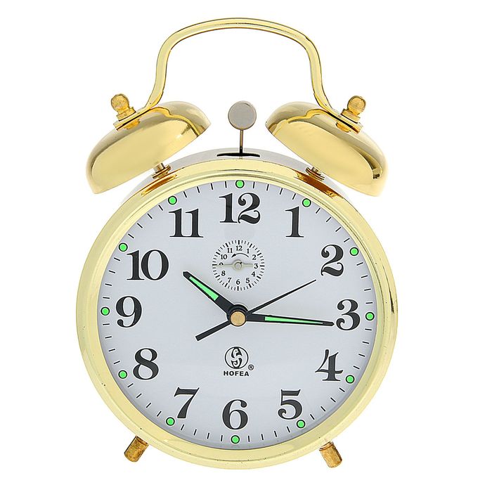 Будильник механический d=10,5см, золото, белый циферблат, 2 звоночка, стрелки светятся