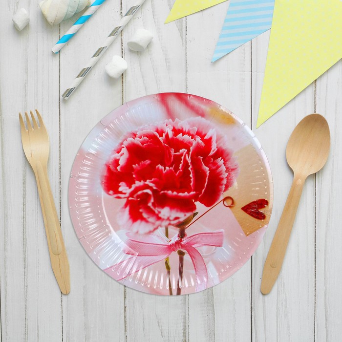 Тарелка бумажная "Гвоздика" с сердцем, 18 см (набор 6 шт)