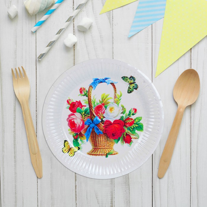 Тарелка бумажная "Цветочная корзина" с бабочками, 18 см (набор 6 шт)