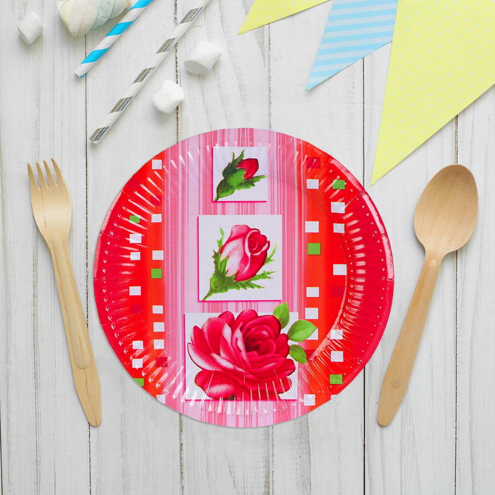 Тарелка бумажная "Бутоны роз" 18 см (набор 6 шт)