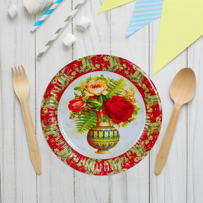 Тарелка бумажная "Розы в вазе" 18 см (набор 6 шт)