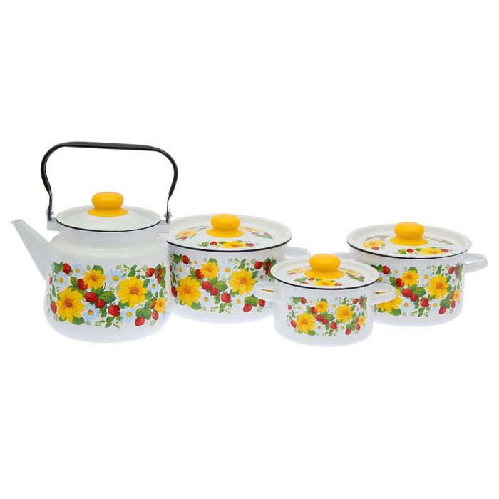 Набор посуды "Земляника", 4 предмета: кастрюли 1,5 л; 2,9 л; 3,9 л; чайник 3,5 л