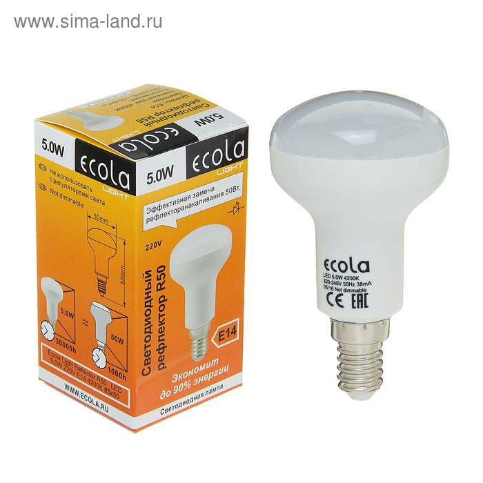 фото Лампа светодиодная ecola light, r50, 5 вт, e14, 4200 k, 85x50 мм, дневной белый