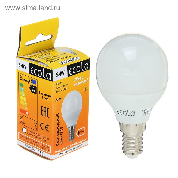 фото Лампа светодиодная ecola globe, g45, 5.4 вт, e14, 4000 k, 82x45, дневной белый