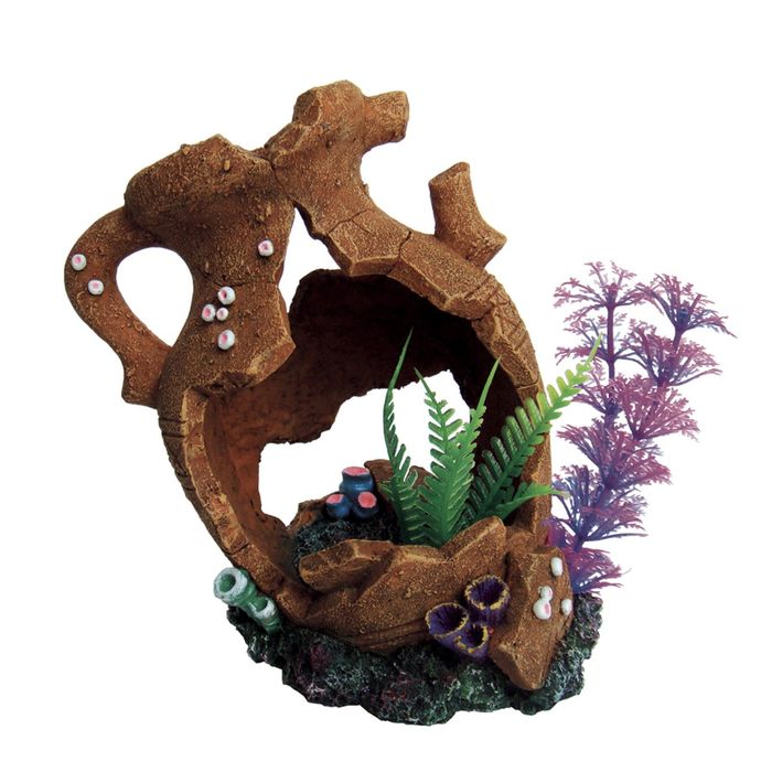 Декорация "Разбитый кувшин с растениями" для аквариума, 18,5 x 10,5 x 15,5 см