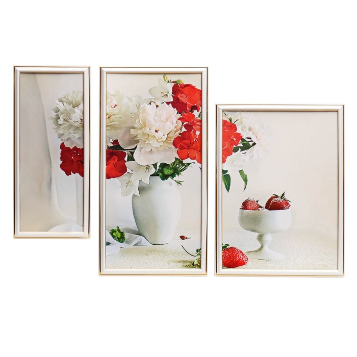 Модульная картина в раме "Красно-белый букет в вазе", 16×40 — 1, 24×50 — 1, 30×40 — 1, 50×70 см