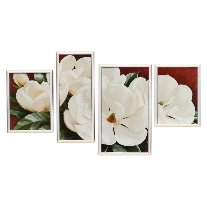 Модульная картина в раме "Белые цветы", 25×35 — 2, 30×50 — 1, 20×50 — 1, 60×100 см