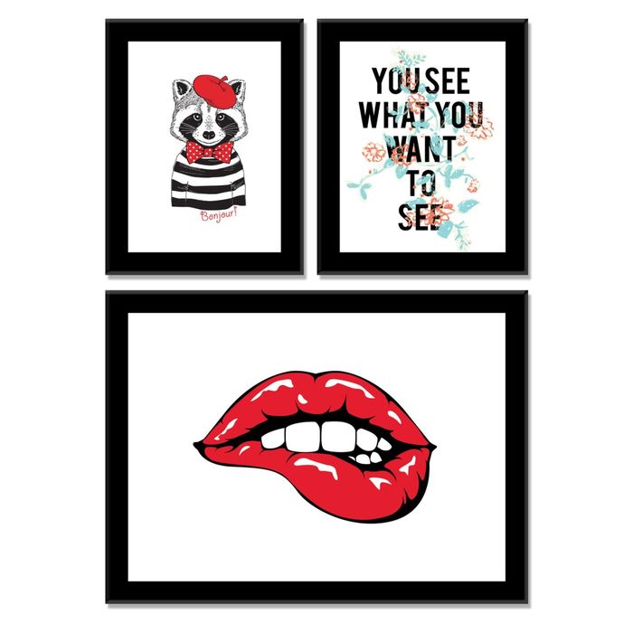 Модульная картина "Коллаж: енот, надпись и красные губы"