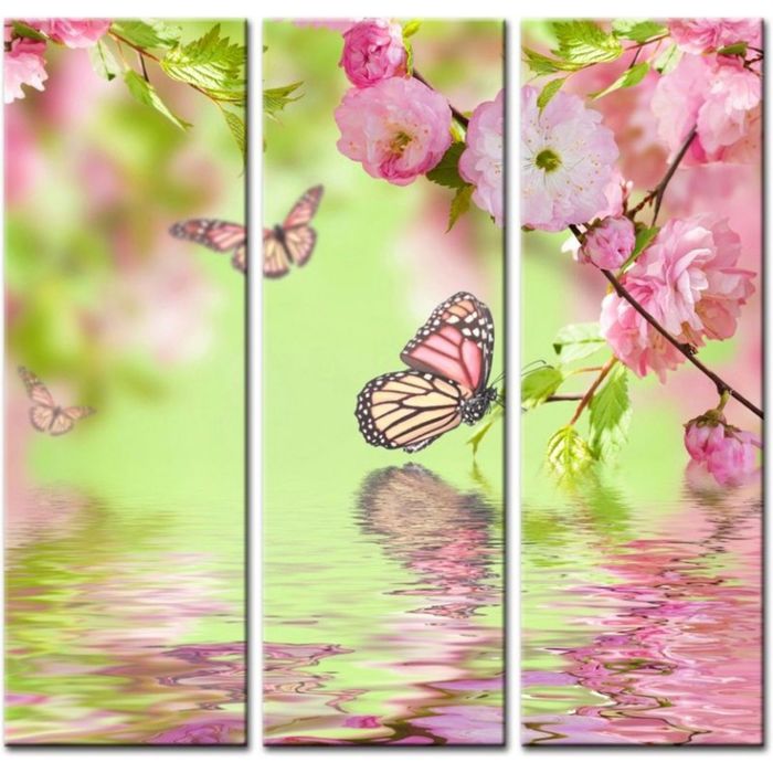 Модульная картина "Бабочки у цветущей ветки над водой"