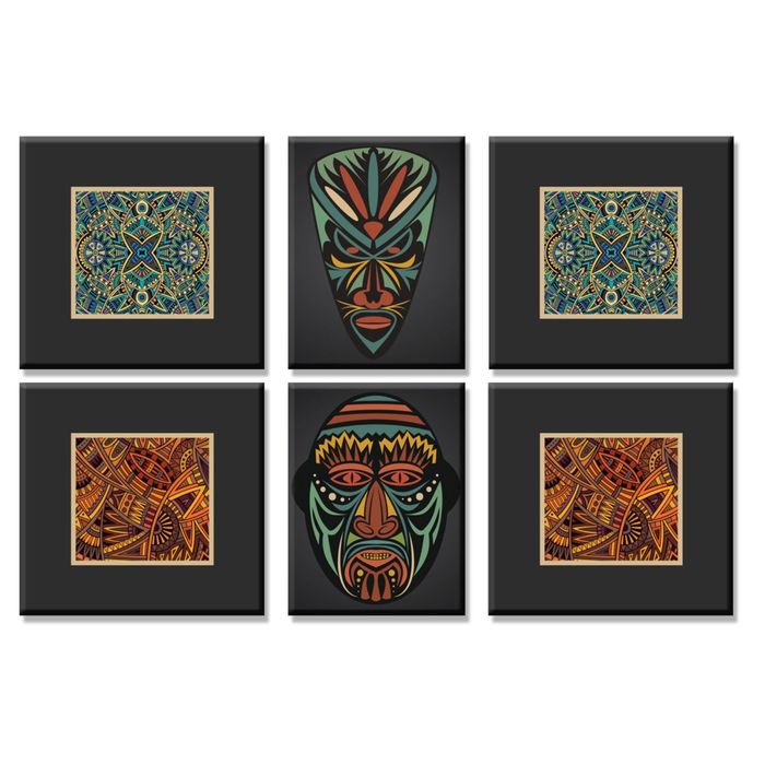 Модульная картина "Бирюзово-коралловые маски"