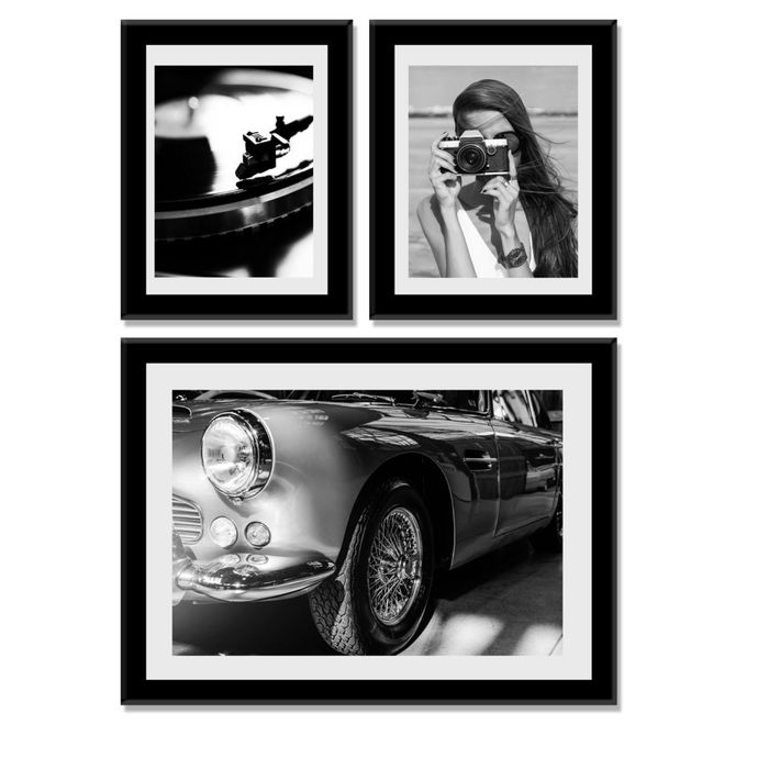 Модульная картина "Пластинка, девушка и фары" чёрно-белая