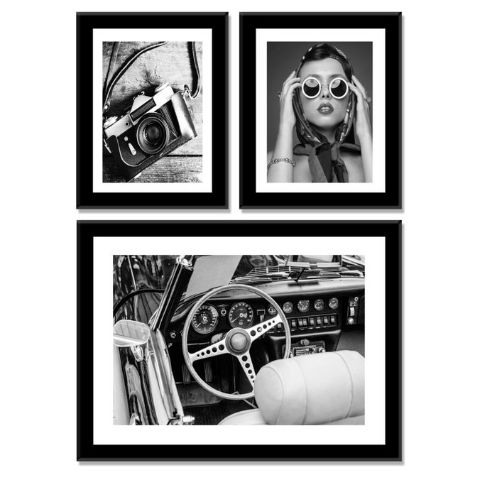 Модульная картина "Коллаж: фотоаппарат, девушка и машина" чёрно-белая