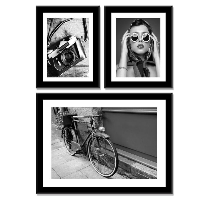 Модульная картина "Коллаж: фотоаппарат, девушка и велосипед"