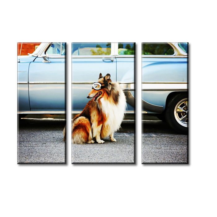 Модульная картина "Собака в очках у автомобиля"