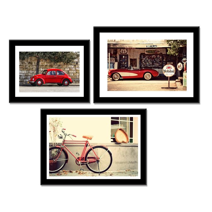 Модульная картина "Красные машины и велосипед"