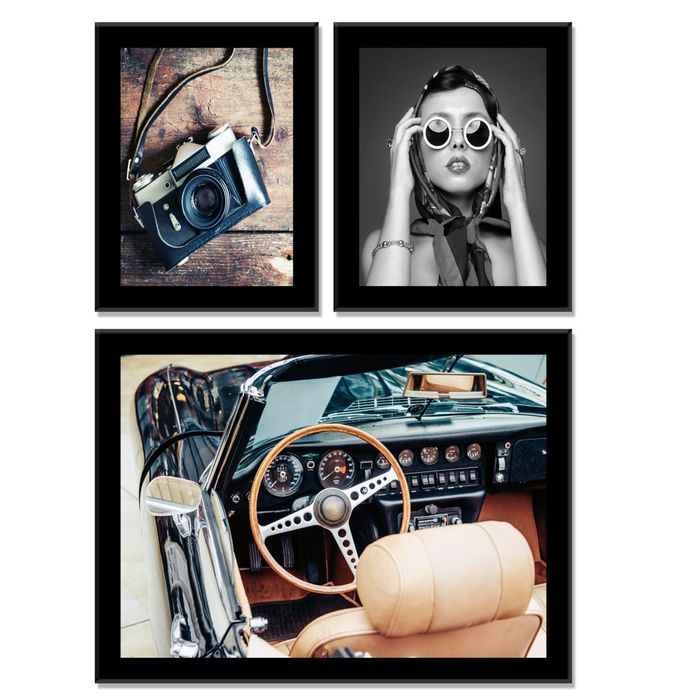 Модульная картина "Коллаж: фотоаппарат, девушка и машина"