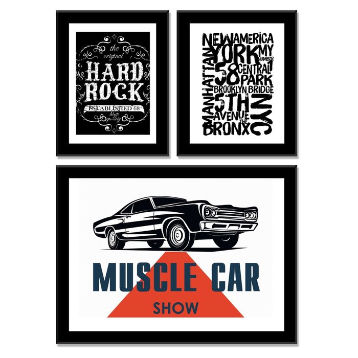 Модульная картина "Коллаж: тяжёлый рок, районы Нью-Йорка и ретроавтомобиль"