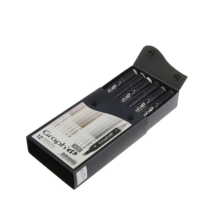 Маркер художественный набор GRAPH'IT 12 цветов Mix grey (двухсторонний: пулевидный/скошенный) серые цвета
