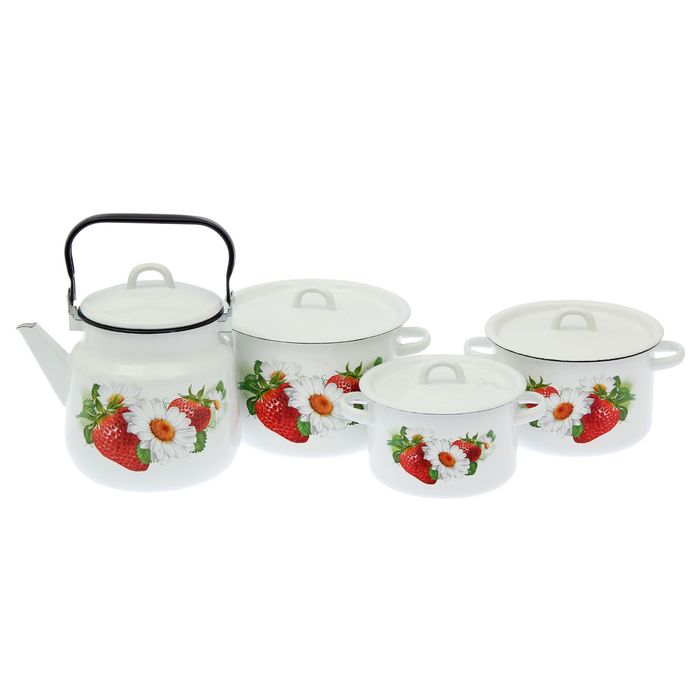 Набор кухонный "Клубника", 4 предмета: кастрюли 2 л, 3 л, 4,5 л, чайник 3,5 л