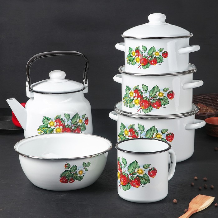 Набор посуды "Лесная ягода" 6 предметов: 2 л, 3 л, 4 л, чайник 3,5 л, миска 2,5 л, кружка 1 л