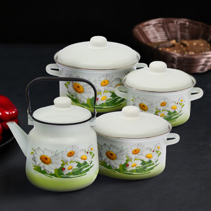 Набор посуды "Ромашковое поле", 4 предмета: кастрюли 2 л, 3 л, 4 л, чайник 3,5 л