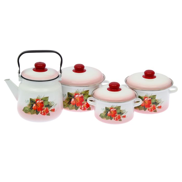Набор посуды "Цветущий шиповник", 4 предмета: кастрюли 2 л, 3 л, 4 л, чайник 3,5 л
