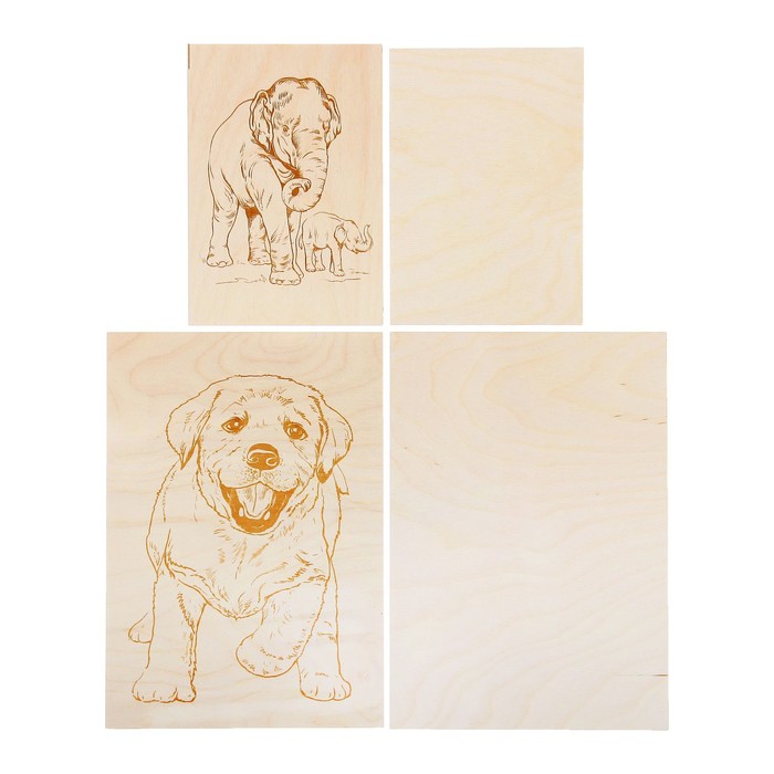 Доски для выжигания "Игривый щенок/Слониха со слоненком", 4 шт формат А4+А5