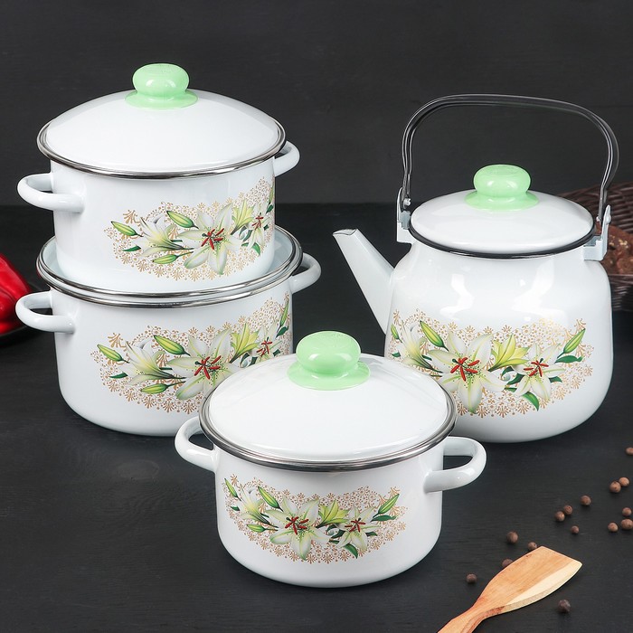 Набор кухонный "Белая лилия", 4 предмета: кастрюли 2 л, 3 л, 4 л, чайник 3,5 л