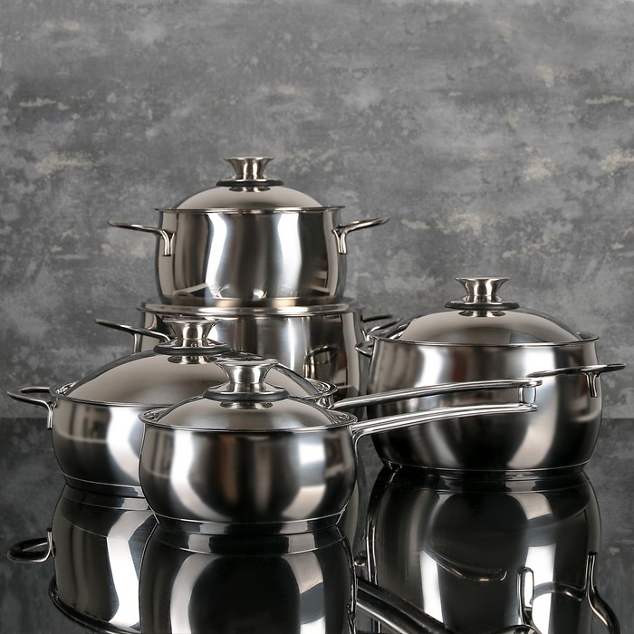 Набор посуды "Магнолия. Престиж" 5 предметов: кастрюли 1,8 л, 3,5 л, 4,5 л, сковорода 3 л, ковш 1,2 л, металлические крышки