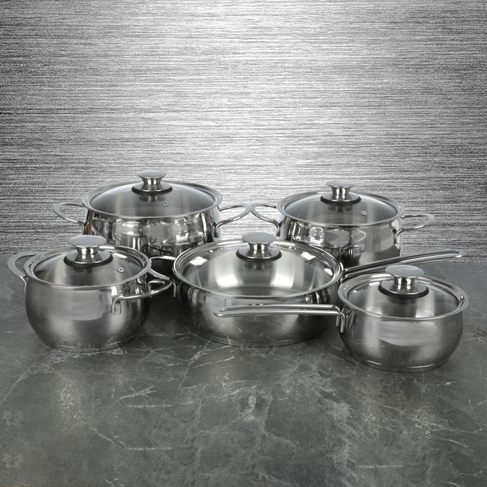 Набор посуды "Магнолия Престиж" 5 предметов: кастрюли 1,8 л, 3,5 л, 4,5 л сковорода 3 л, ковш 1,2 л, стеклянные крышки