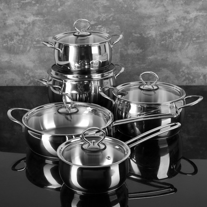 Набор посуды "Магнолия. Классика" 5 предметов: кастрюли 2,5 л, 3,5 л, 4,5 л сковорода 3 л, ковш 1,2 л, стеклянные крышки