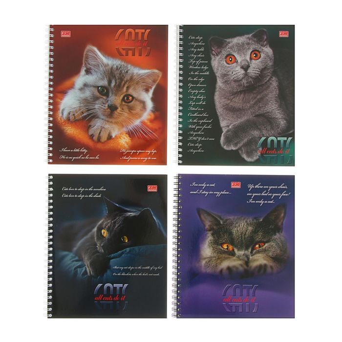 Тетрадь 96 листов клетка на гребне "Портрет кота", обложка мелованный картон, выборочный УФ-лак