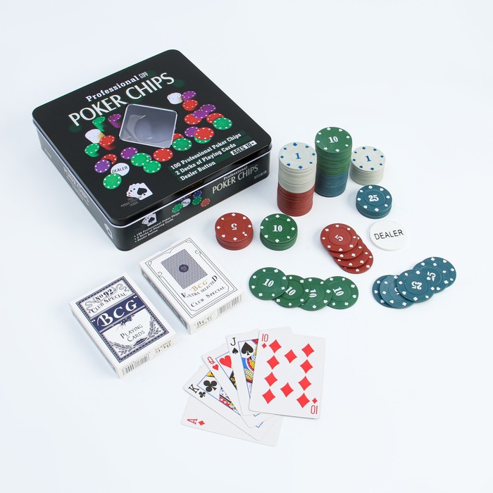 Покер, набор для игры (карты 2 колоды, фишки 100 шт.), с номиналом, 20 х 20 см покер набор для игры карты 2 колоды кубики игральные 6 шт микс