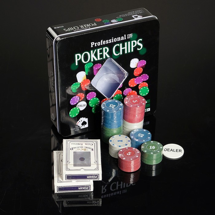 Покер, набор для игры карты 2 колоды, фишки 100 шт., с номиналом, 20 х 20 см