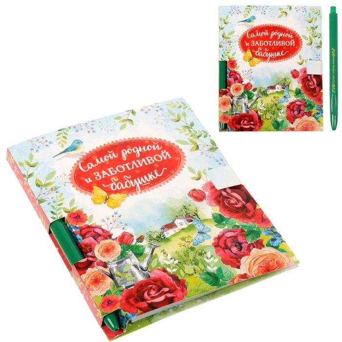 Подарочный набор "Самой родной и заботливой бабушке": блокнот на гребне и ручка
