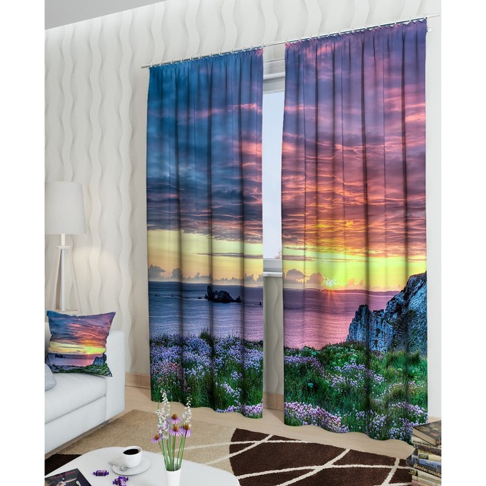 Фотошторы "Сиреневый закат", размер 150х260 см - 2 шт, блэкаут