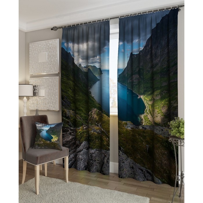 Фотошторы "Горный залив", размер 150х260 см - 2 шт, блэкаут