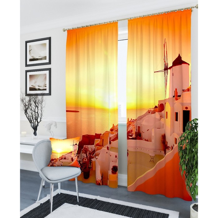 Фотошторы "Закат в Греции", размер 150х260 см - 2 шт, блэкаут