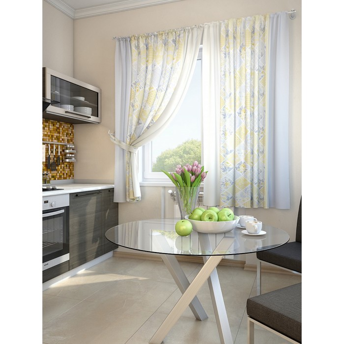 Комплект штор для кухни "Алиб", размер 150х180 см - 2 шт и 2 подхвата, цвет голубой