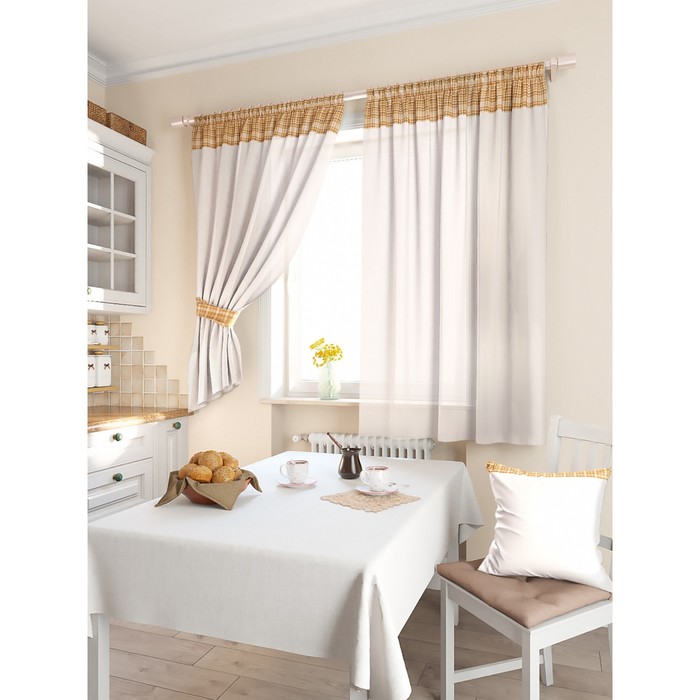 Тюль для кухни «Дивье», цвет бежевый, размер 150 х 180 см.— 2 шторы и 2 подхвата