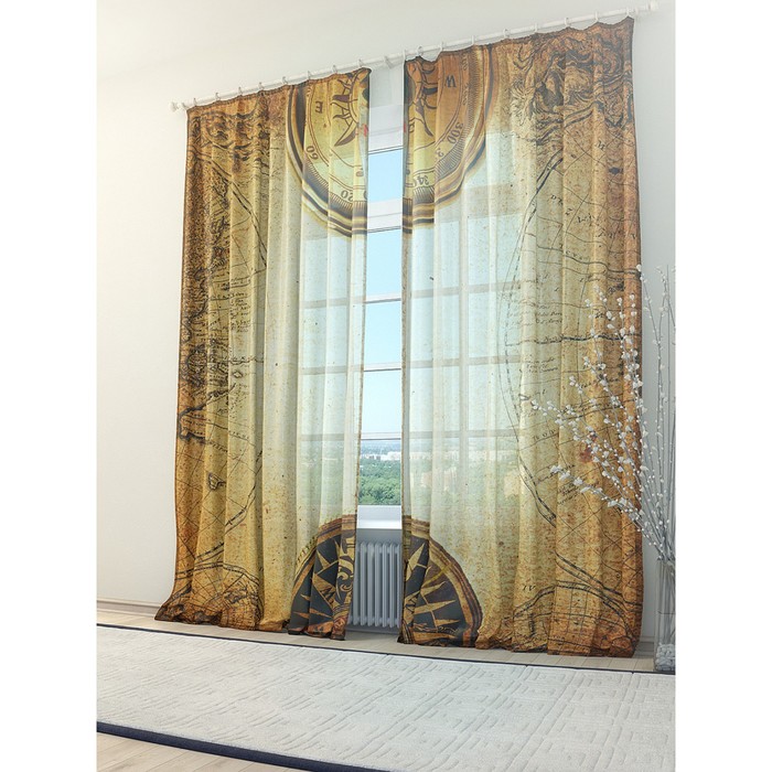 Тюль «Винтажная карта», размер 150 х 260 см. — 2 шт.