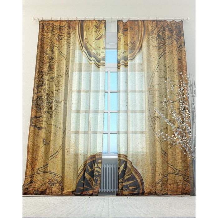 Тюль «Винтажная карта», размер 150 х 260 см. — 2 шт.