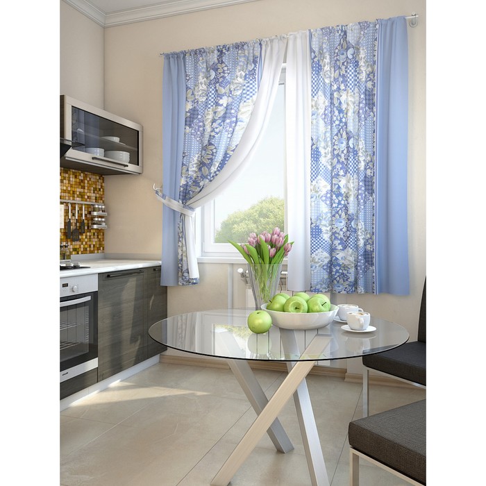 Комплект штор для кухни "Алиб", размер 145х180 см - 2 шт и 2 подхвата, цвет синий