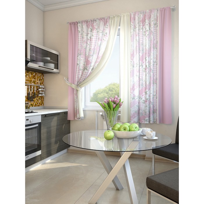 Комплект штор для кухни "Алиб", размер 150х180 см - 2 шт и 2 подхвата, цвет розовый