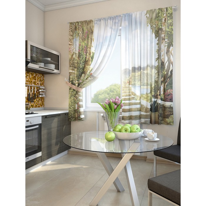Комплект штор для кухни "Двин", размер 150х180 см - 2 шт и 2 подхвата