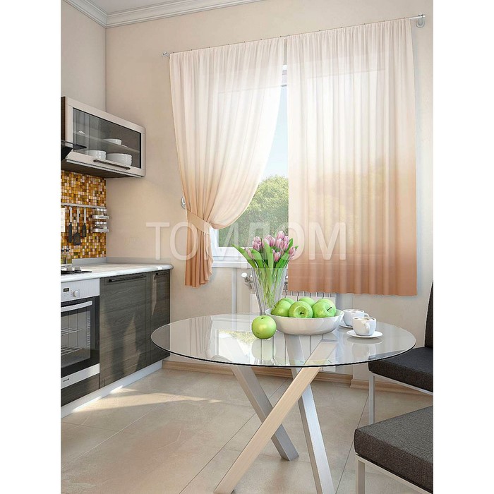 Тюль для кухни «Никар», цвет бежевый, размер 150 х 180 см. — 2 шторы и 2 подхвата