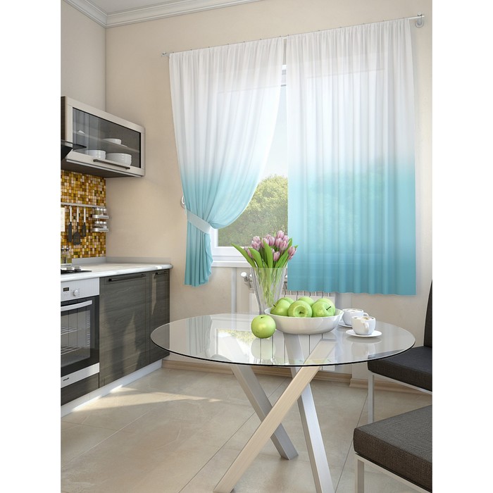 Тюль для кухни «Никар», цвет голубой, размер 150 х 180 см. — 2 шторы и 2 подхвата