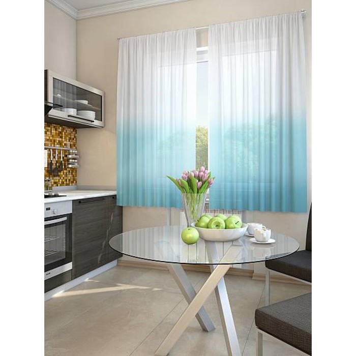 Тюль для кухни «Никар», цвет голубой, размер 150 х 180 см. — 2 шторы и 2 подхвата